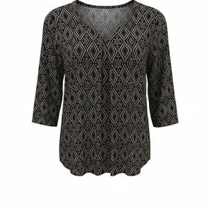 Long Sleeve Black and White Geometric V-Neck Tunic